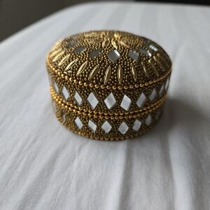 Indian Beaded Trinket Round Jewelry Decorative Gift Box Gold Mirror 3 Inch